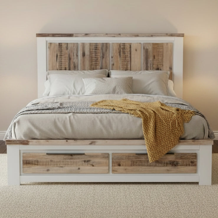 Wooden bed with storage drawers in a bedroom setting
