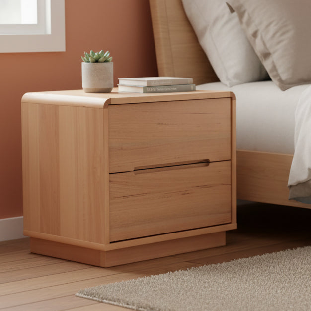Wooden nightstand with a single drawer on a white background