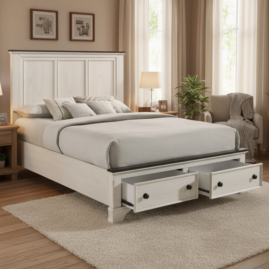 White wooden bed with storage drawers on a white background