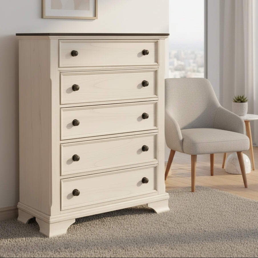 White dresser with black top on a white background