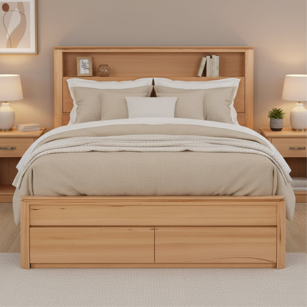 Wooden bed frame with headboard and drawers on a white background