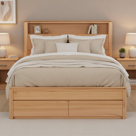 Wooden bed frame with headboard and drawers on a white background