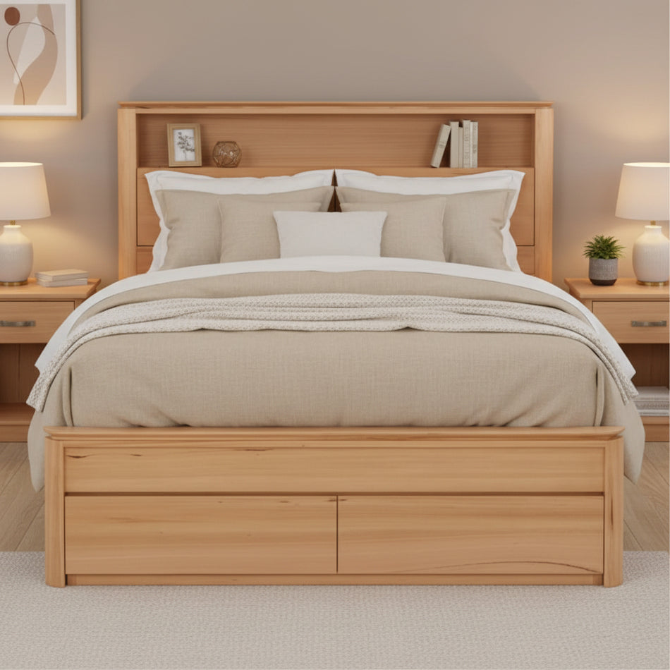Wooden bed frame with headboard and drawers on a white background