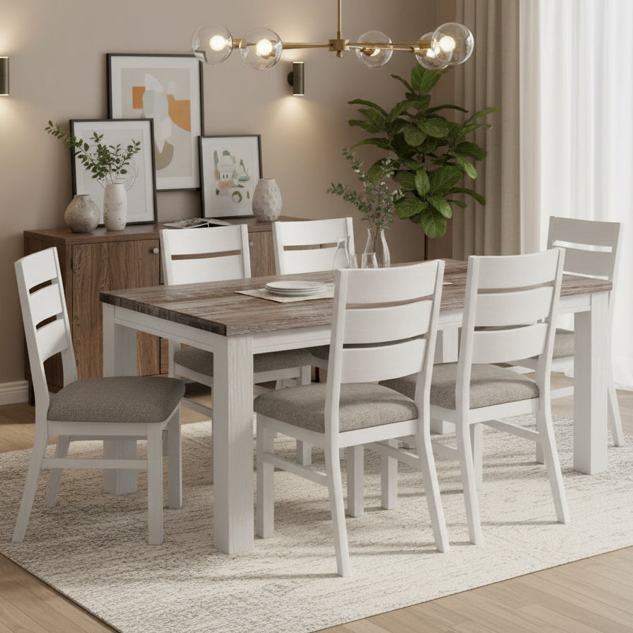 Dining table set with six chairs on a white background