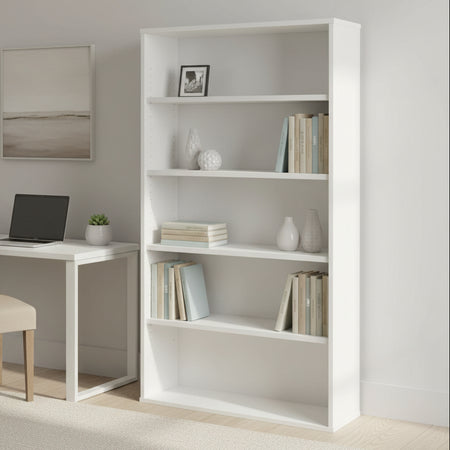 White bookshelf with decorative items in a minimalistic room