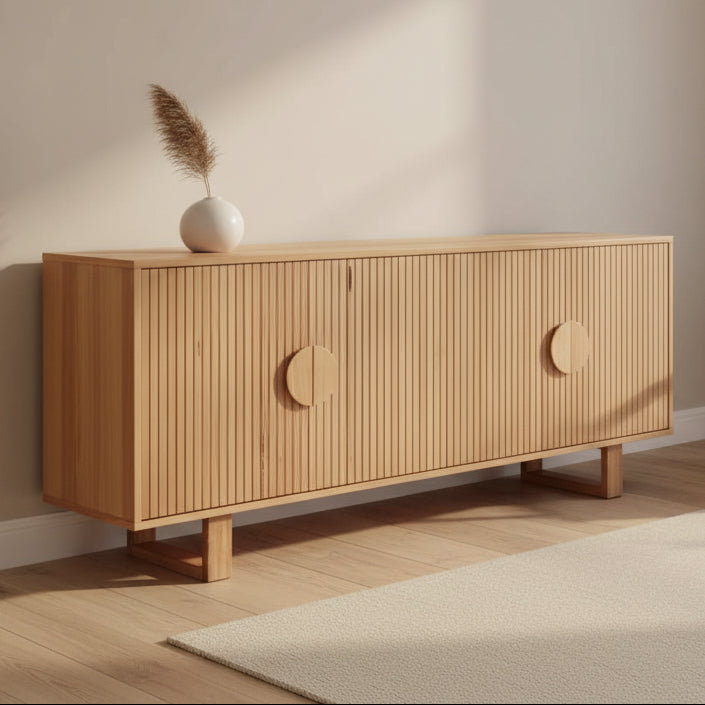 Wooden sideboard with two circular doors on a white background