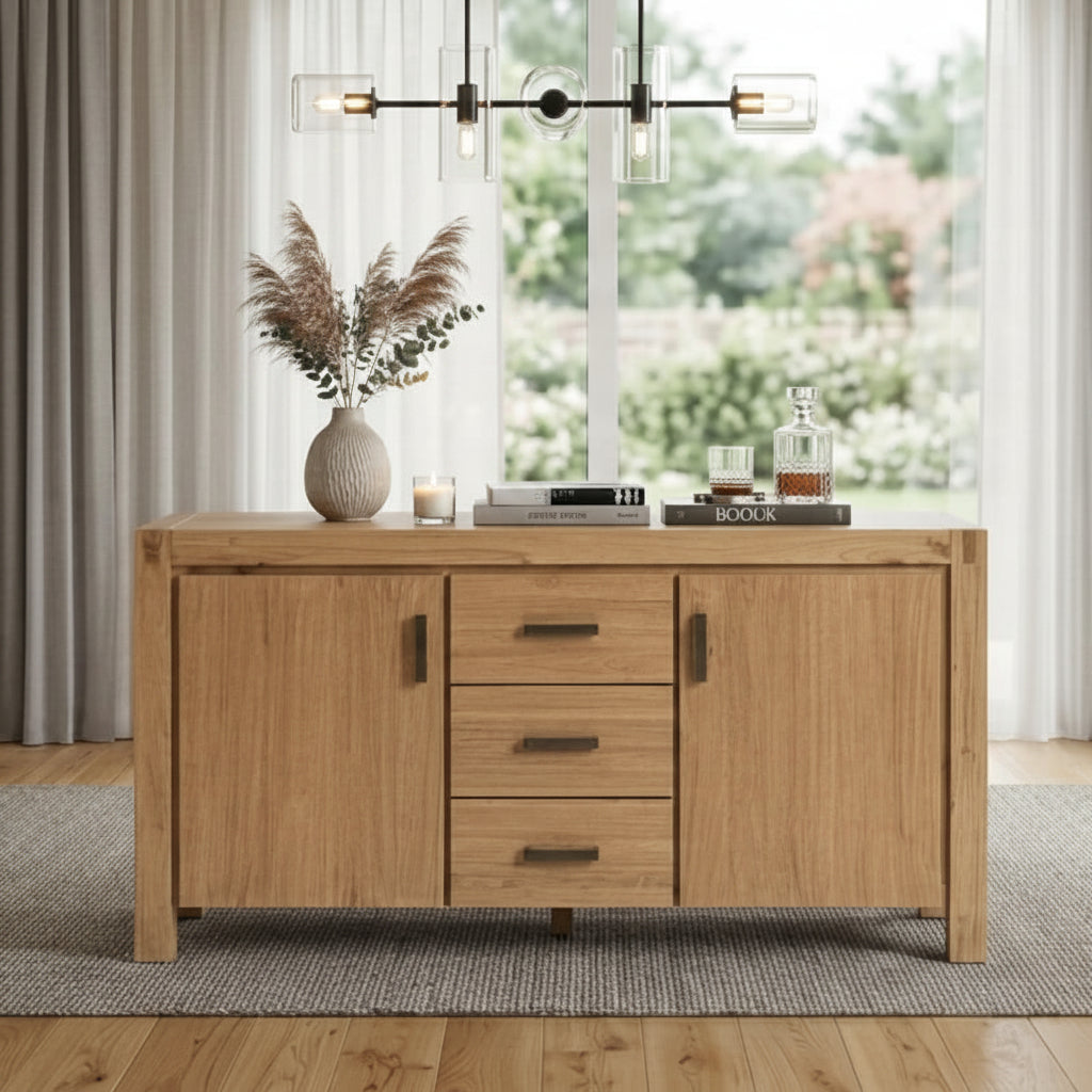 Wooden sideboard with decorative items in a living room setting