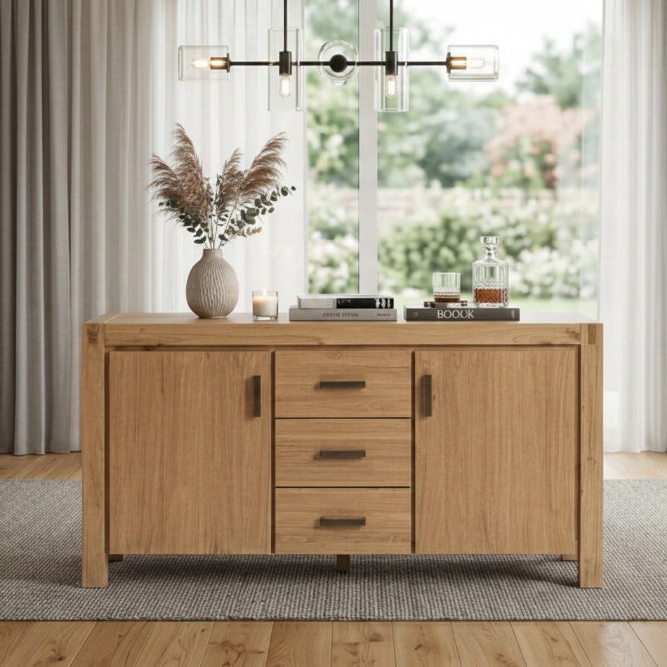 Wooden sideboard with decorative items in a living room setting