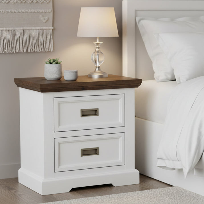 White nightstand with two drawers and a wooden top on a white background