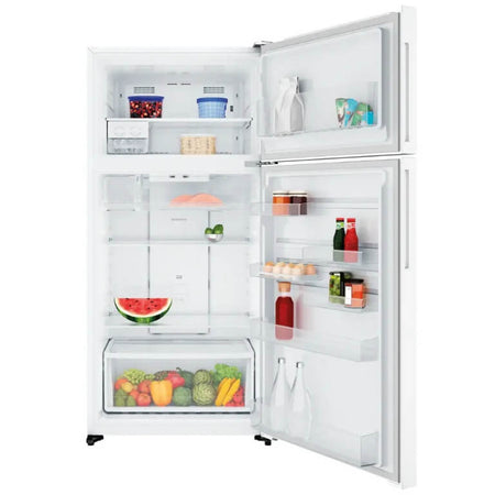 White refrigerator with open doors displaying various food items on a white background