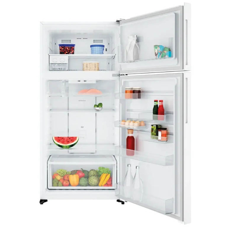 White refrigerator with open doors displaying various food items on a white background