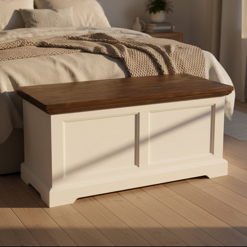Wooden blanket box with a dark brown top and white base on a white background
