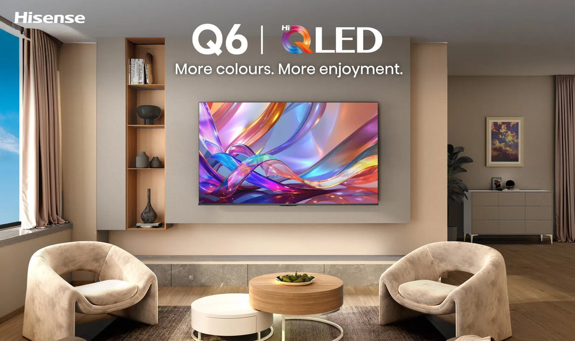 Hisense Q6 OLED TV in a modern living room with colorful display