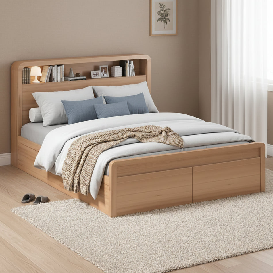 Wooden bed with storage drawers and bedding on a white background