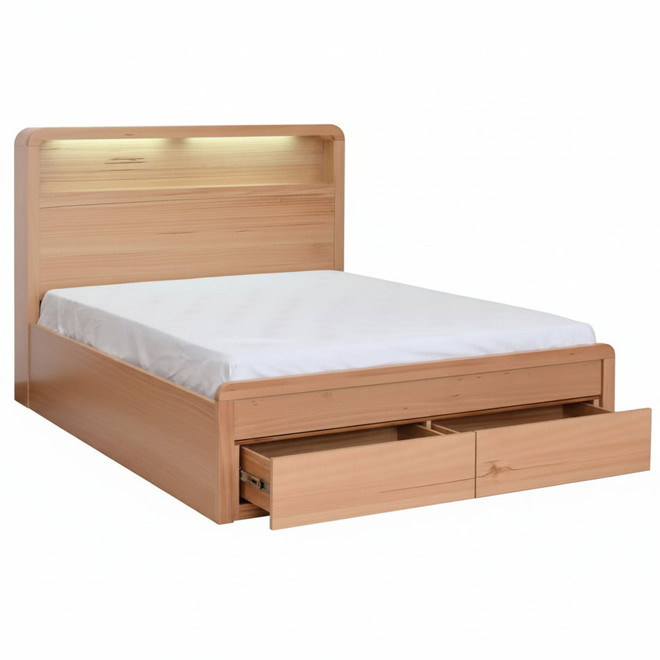 Wooden bed with storage drawers on a white background