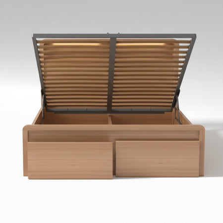 Wooden bed frame with storage drawers and slatted headboard on a white background