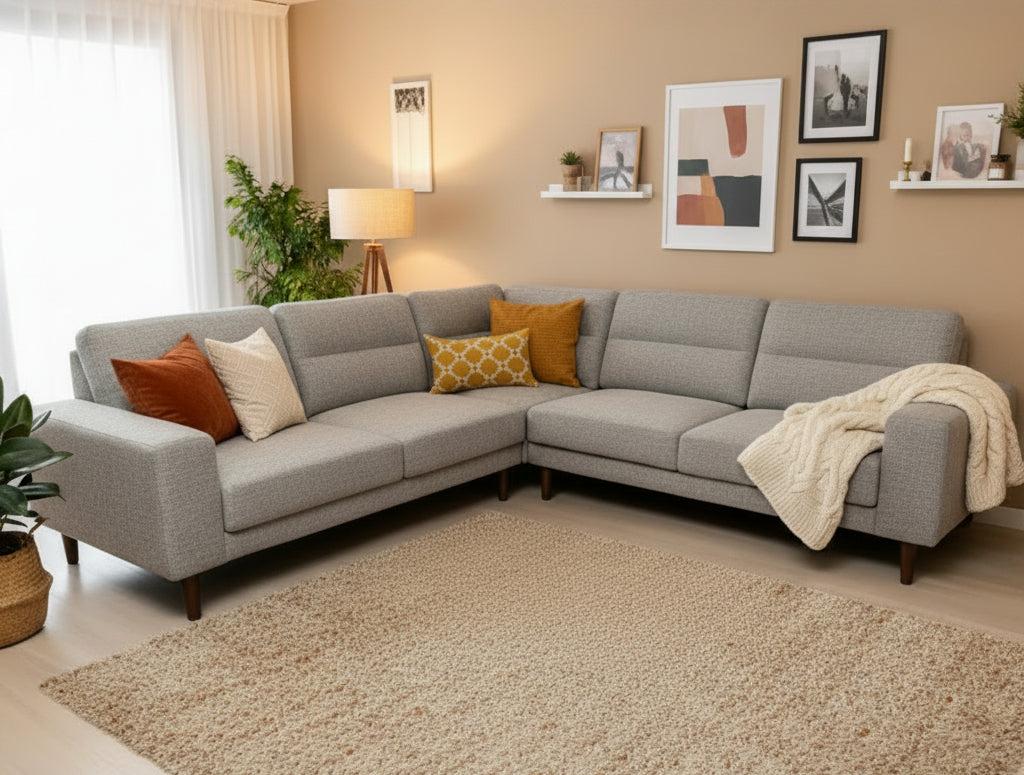 Gray sectional sofa in a room with white walls and a plant.