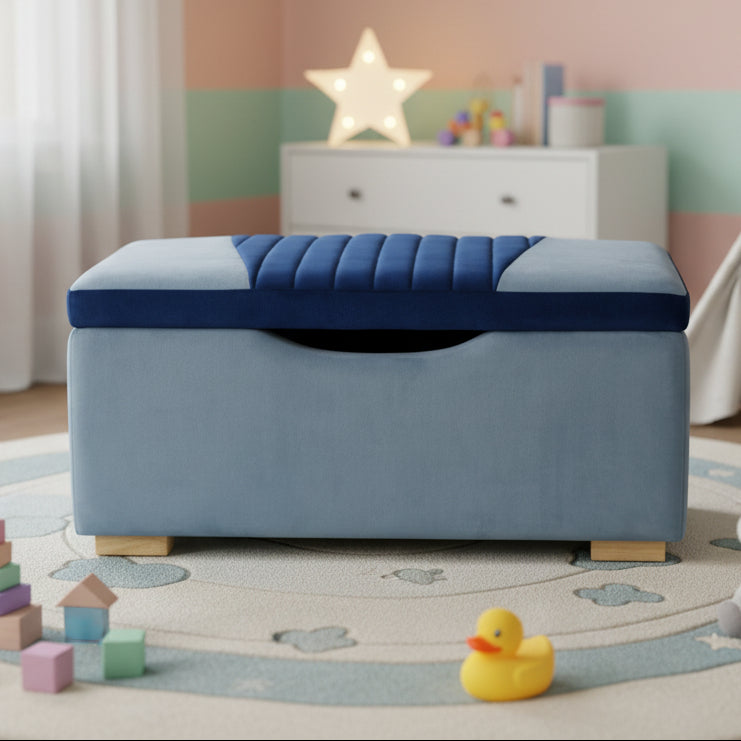 Blue storage bench with a white background