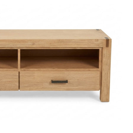 Wooden TV stand with a drawer on a white background