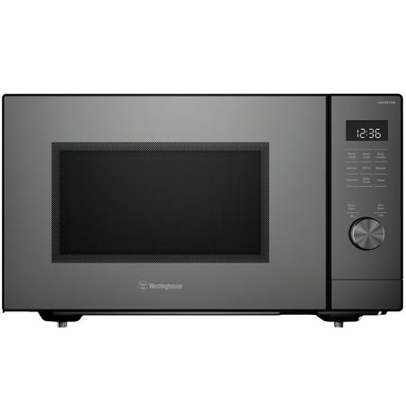 Black microwave oven with digital display on a white background