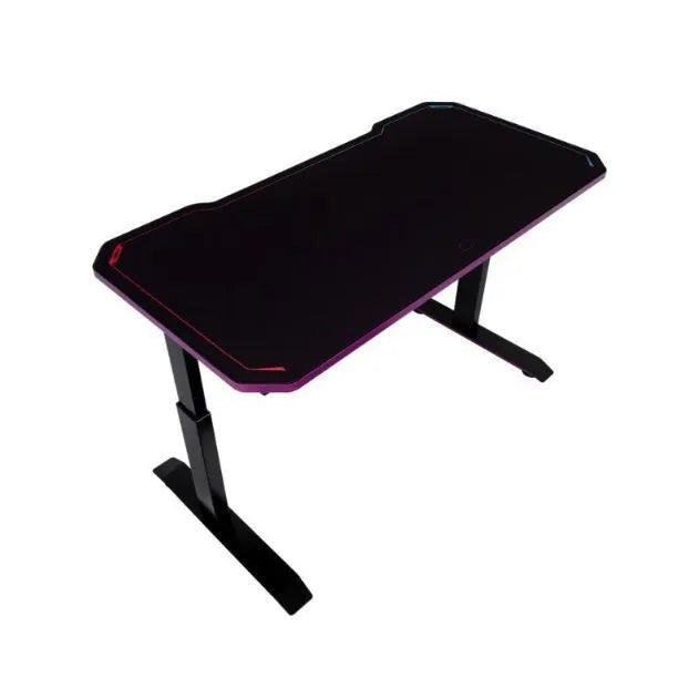 Black gaming desk with pink accents on a white background