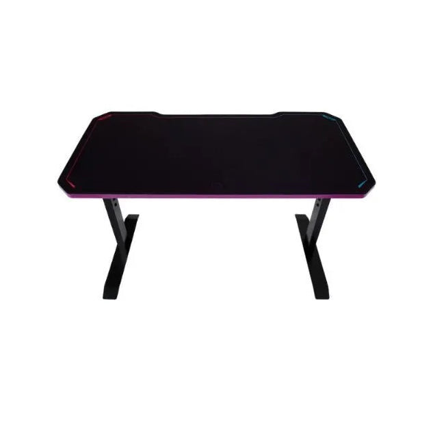 Black gaming desk with purple accents on a white background