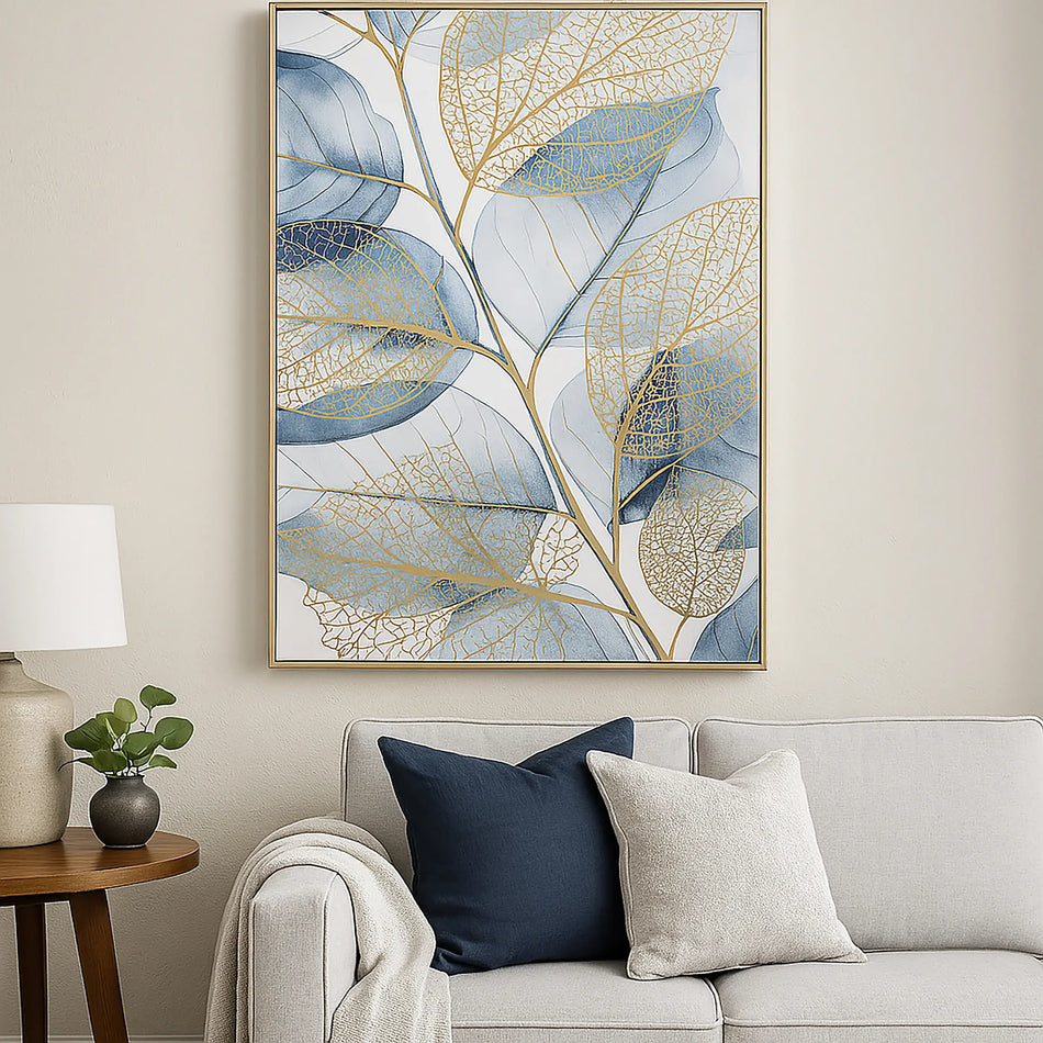 Foiled Canvas Watercolour Leaves Blue