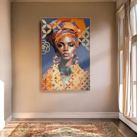 Decorative rug with intricate patterns in a room with a wall painting of a woman.