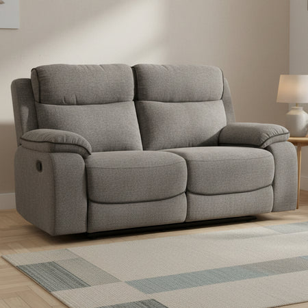 Gray fabric sofa with reclining feature on a white background
