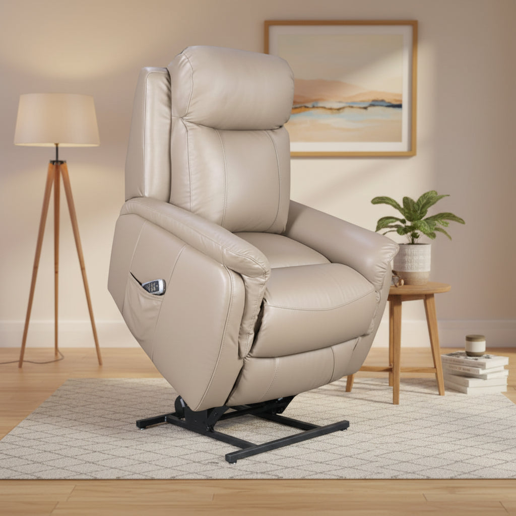 Beige leather recliner chair on a white background