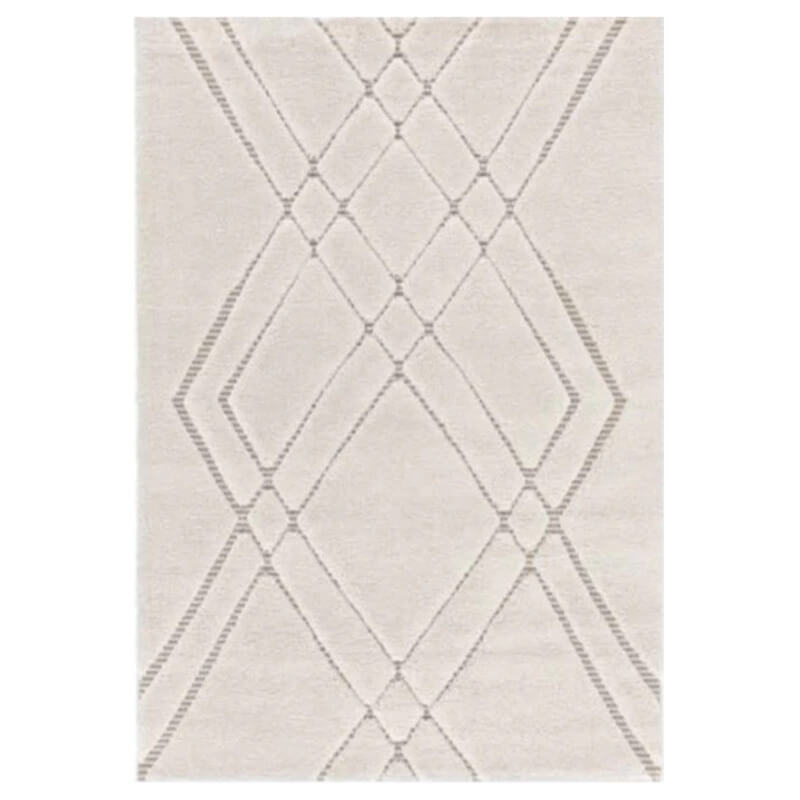 A rectangular area rug with a neutral geometric pattern featuring intersecting diagonal lines forming diamond and triangle motifs in light gray on an off-white background.