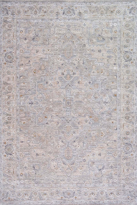 A square area rug with an intricate traditional pattern in muted tones of beige, gray, and soft blue-gray.
