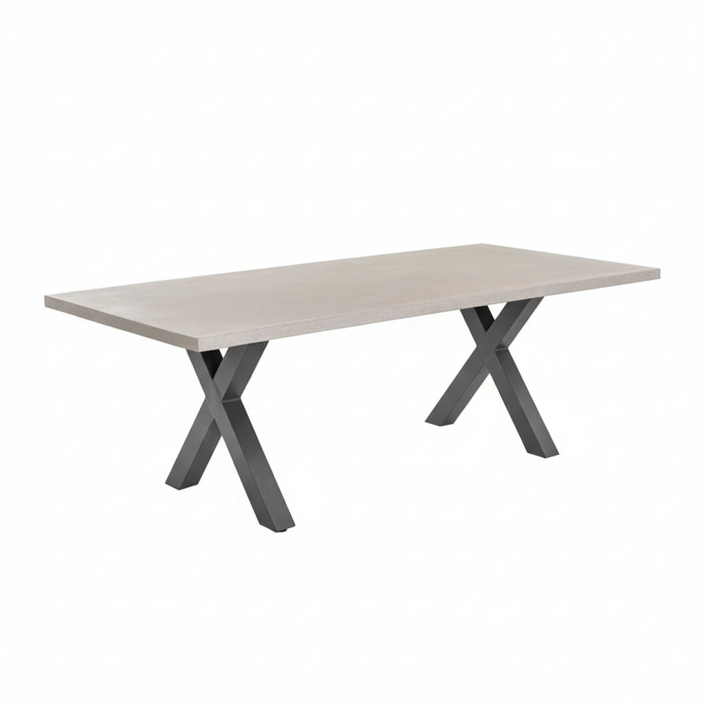 Rectangular table with a light-colored top and dark metal legs on a white background