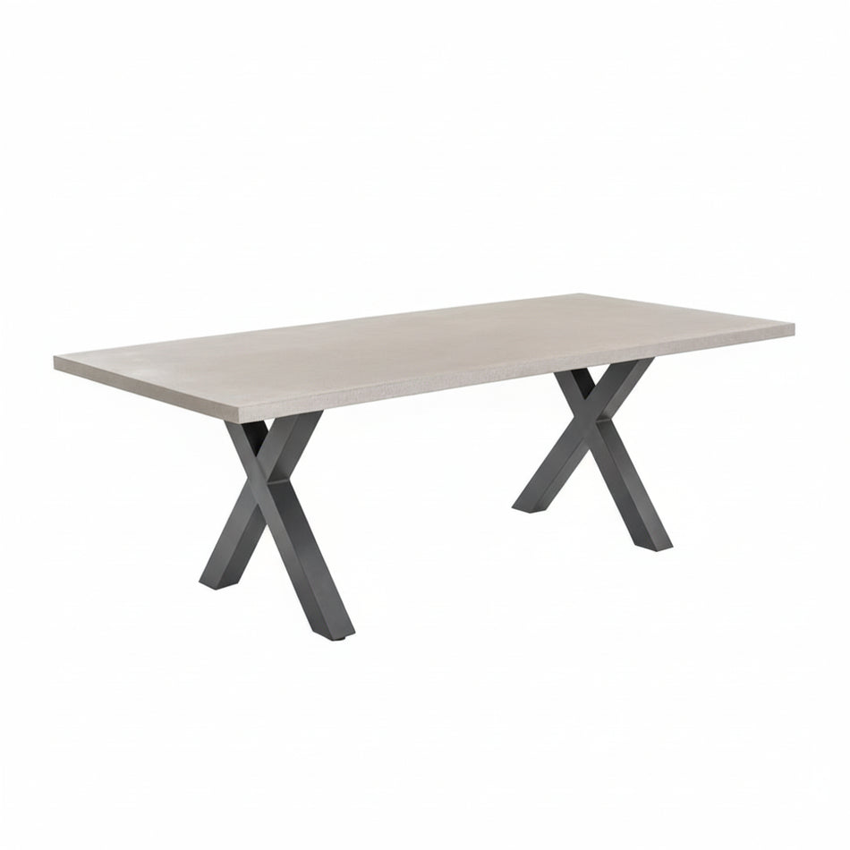 Rectangular table with a light-colored top and dark metal legs on a white background