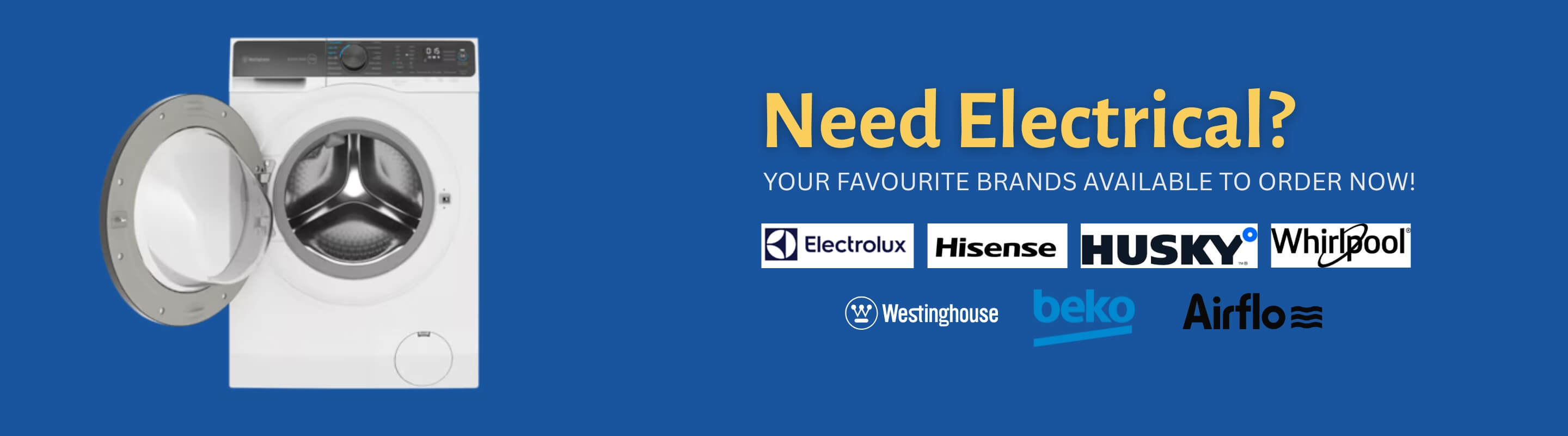 Washing machine with a blue background and text about electrical needs and brand availability.