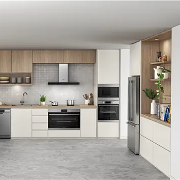 Modern kitchen with stainless steel appliances and wooden furniture