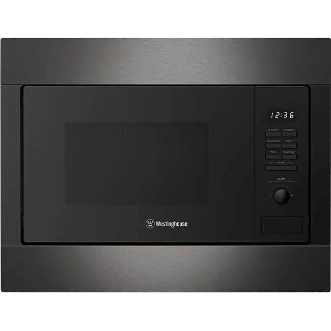 Black Westinghouse microwave oven on a white background