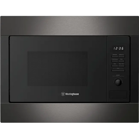 Black Westinghouse microwave oven on a white background