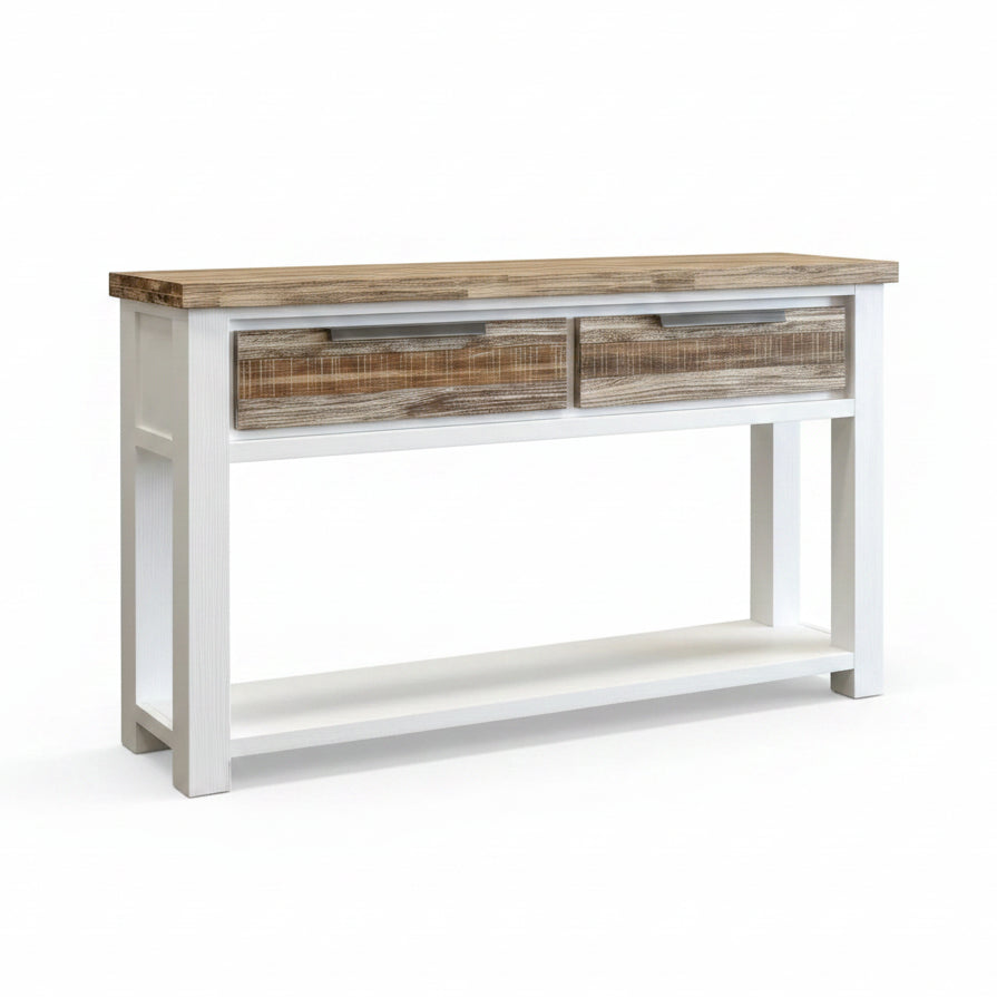 White console table with wooden top and drawers, decorated with vases and plants in a room.