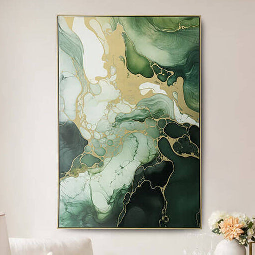 Living room with a large abstract painting on the wall, a sofa, lamp, and small table.