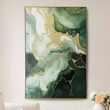 Living room with a large abstract painting on the wall, a sofa, lamp, and small table.