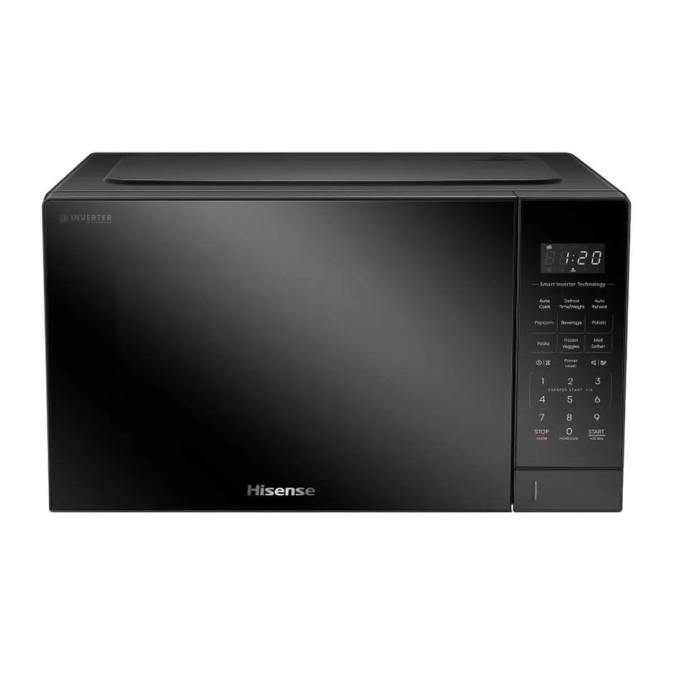 Black microwave oven with digital display on a white background