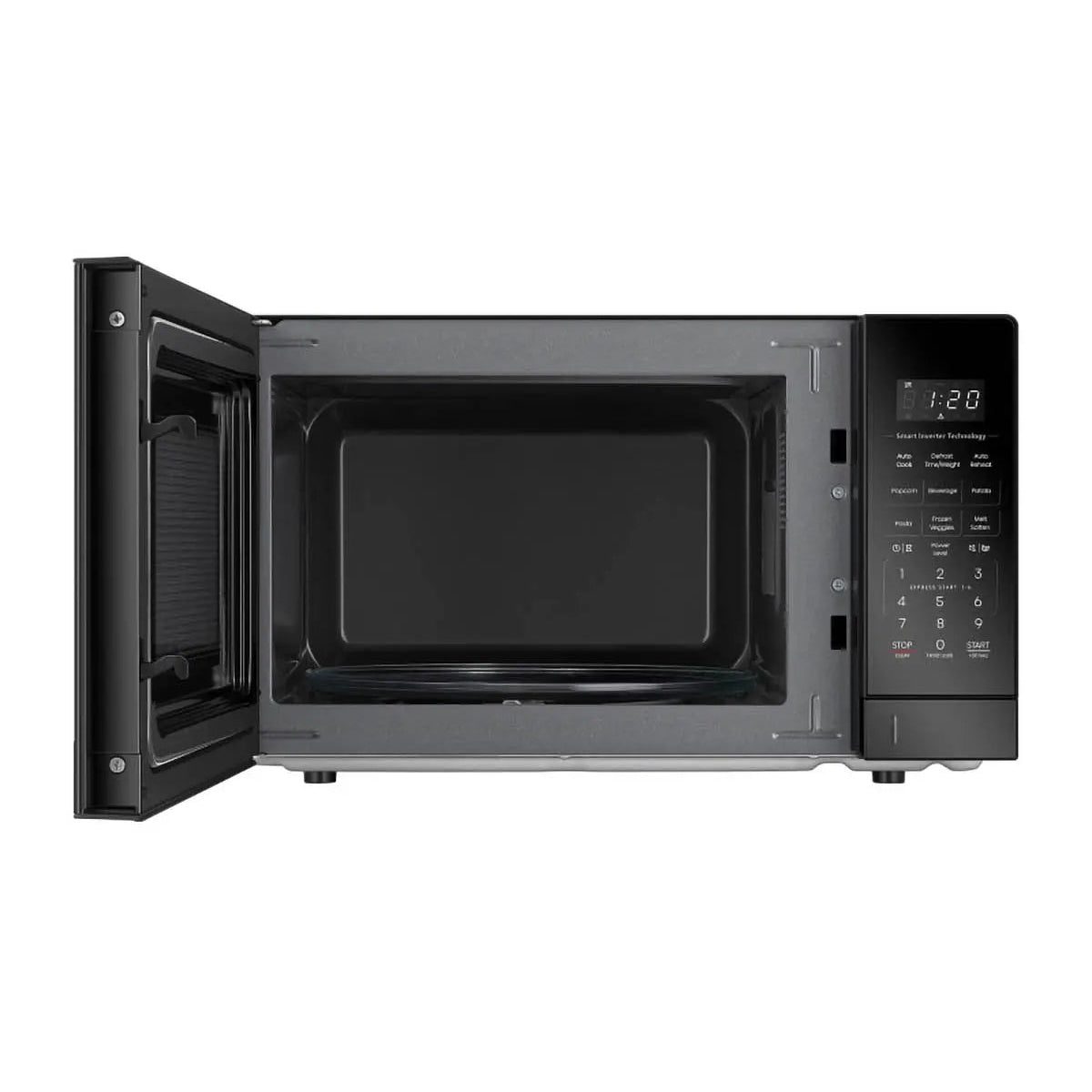 Black microwave oven with open door on a white background