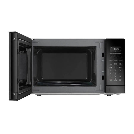 Black microwave oven with open door on a white background