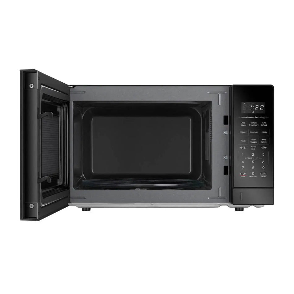 Black microwave oven with open door on a white background