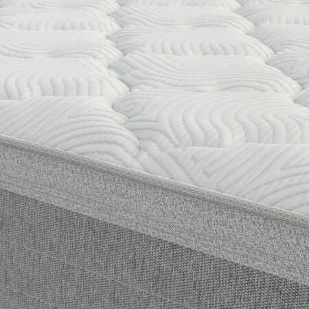 Close-up of a mattress with quilted surface and gray base