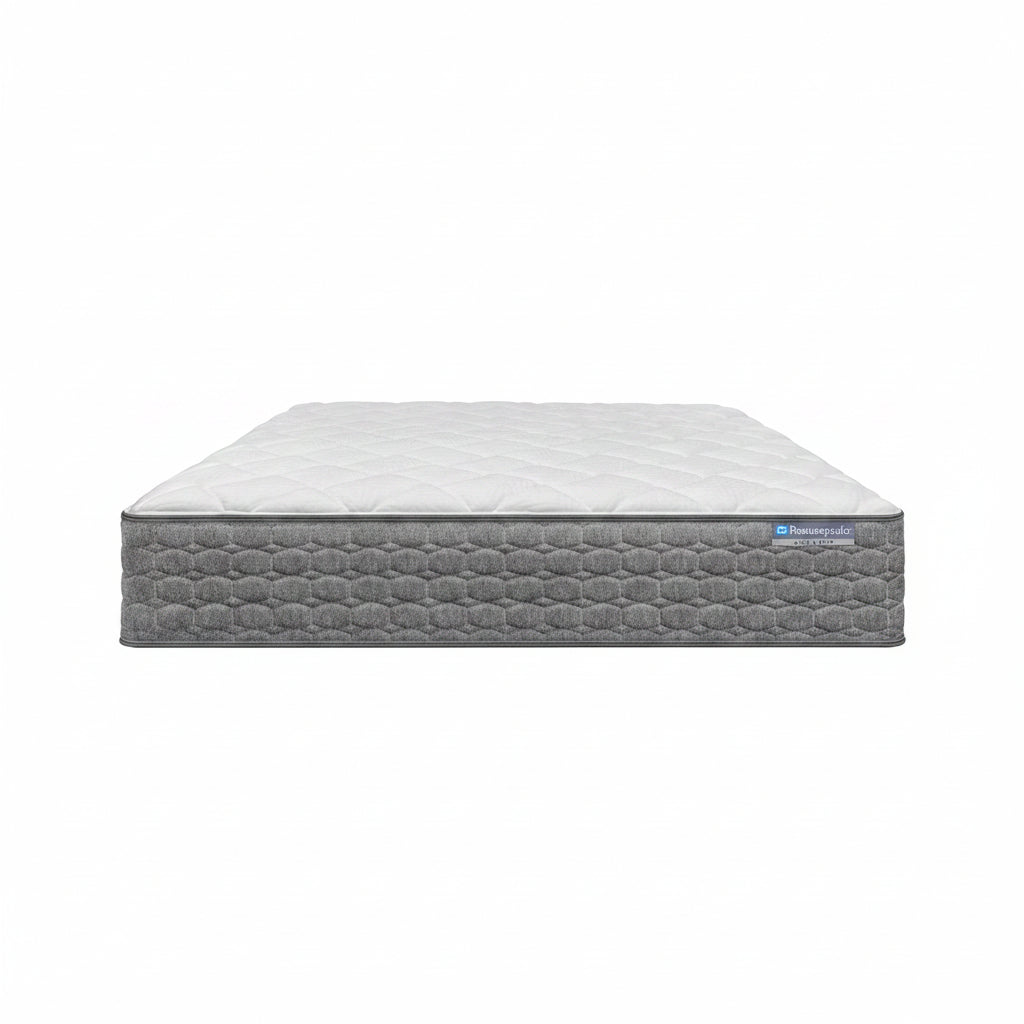 Gray mattress with brand logo on a white background