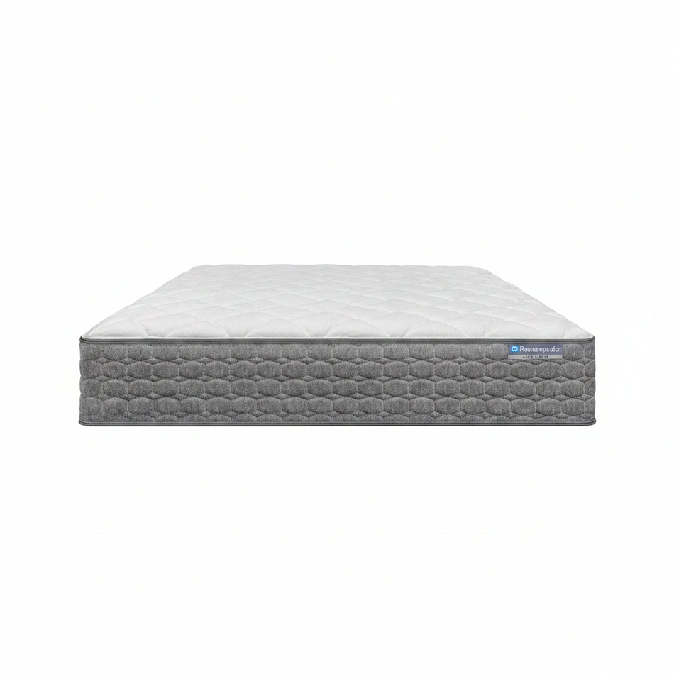Gray mattress with brand logo on a white background