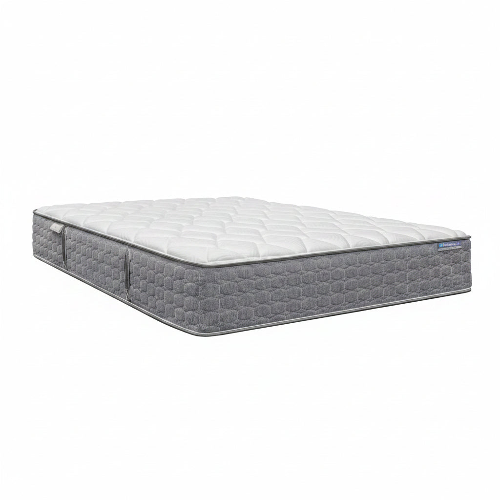 Gray mattress with a white top on a white background