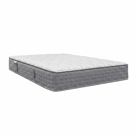 Gray mattress with a white top on a white background